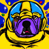 Colorful illustration of a bulldog dressed as Thanos on a yellow and blue background