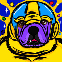 Colorful illustration of a bulldog dressed as Thanos on a yellow and blue background