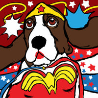 A Basset Hound dressed as Wonder Woman with stars and stripes background