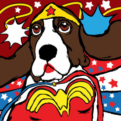 A Basset Hound dressed as Wonder Woman with stars and stripes background