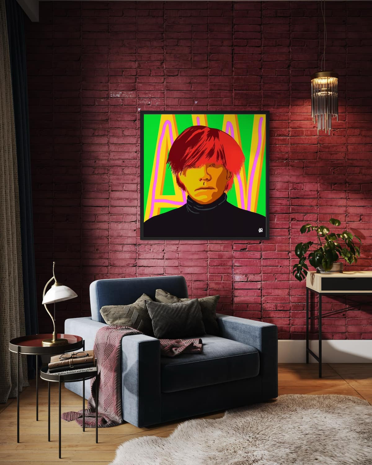 Modern living room with a colorful pop art portrait of Andy Warhol on a brick wall.