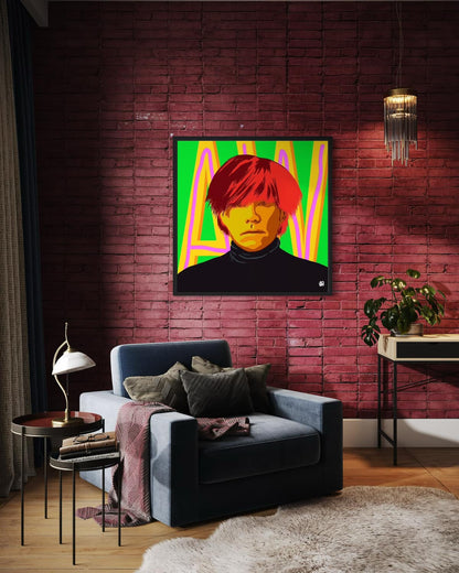 Modern living room with a colorful pop art portrait of Andy Warhol on a brick wall.