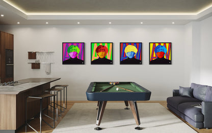 Modern living room with a pool table, bar area, and colorful pop art portraits of Andy Warhol on the back wall.
