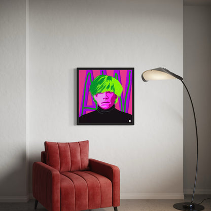 Framed artwork with a colorful pop art portrait of Andy Warhol on a wall next to a red armchair and floor lamp.