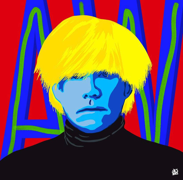 A colorful pop art portrait of Andy Warhol with red background.